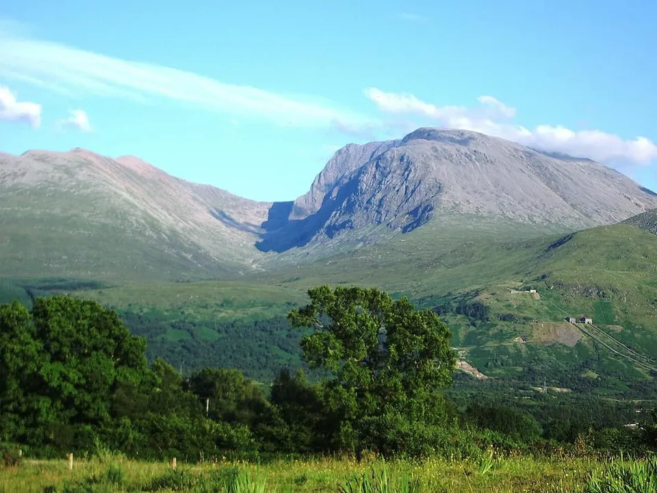 Ben Nevis's massive bulk and north-face cliffs above Scottish moorland