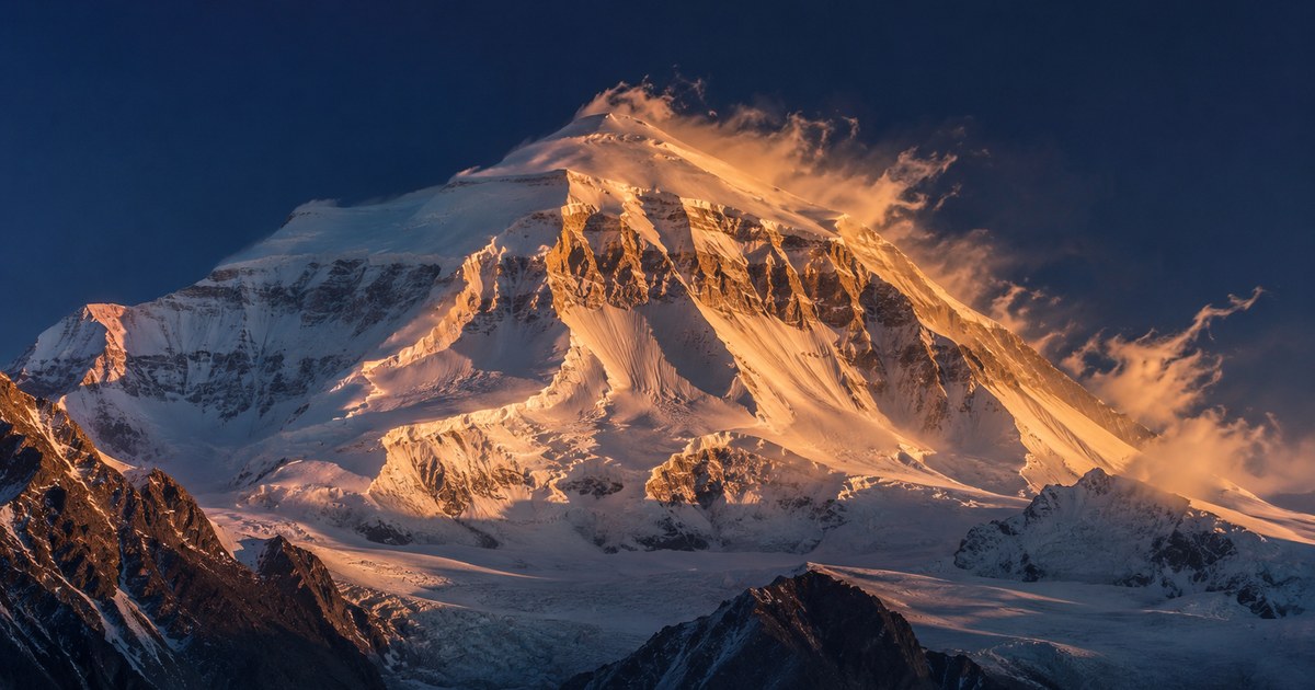 A rounded snow-domed alpine summit catching pink evening light above a ridge of granite spires